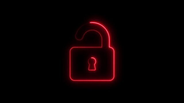 Neon red open padlock glowing on black background security symbol