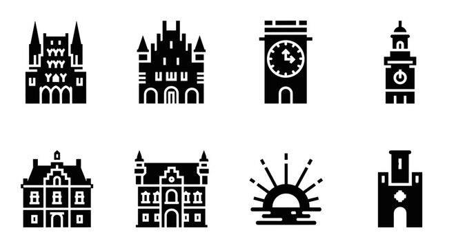 Minimalist castle icons collection: towers, clock towers, sunrise
