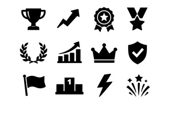 Winning Streak. Solid icon set of Winning Streak: trophy cup, upward arrow, winning badge, star medal, victory laurel, rising chart, crown