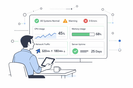 System monitoring. Administrator reviewing server performance on a dashboard screen. Control, clarity, preventive care, simple charts and