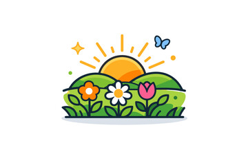 Fototapeta premium Spring landscape a compact meadow scene with flowers, grass, and a rising sun symbolizing warmth, clarity, and seasonal energy. Minimalist