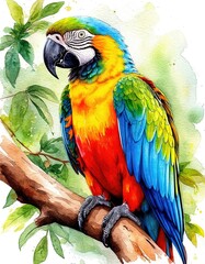 A macaw parrot on a branch among foliage. Portrait of a bird. Watercolor illustration