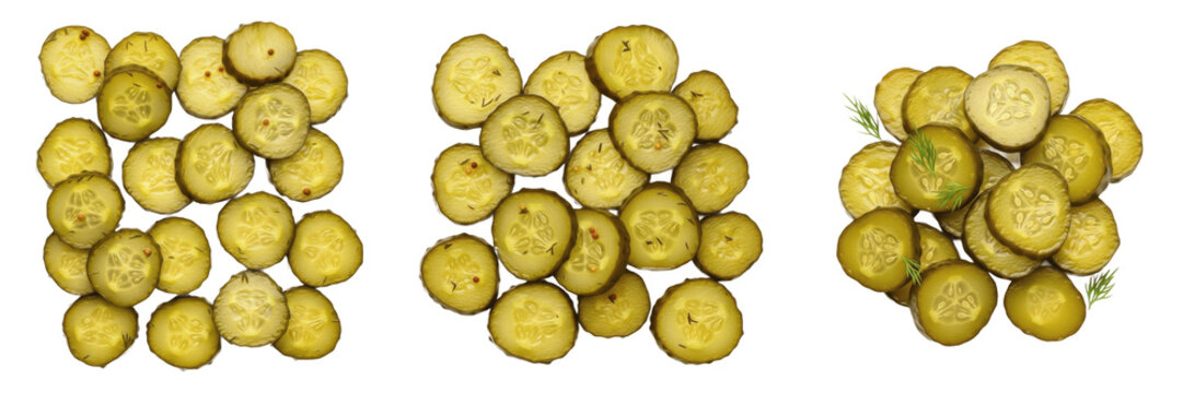 Realistic Pickle Slices Set - Fresh Sliced Green Gherkins and Pickled Cucumber Rounds for Food Styling, Burgers, and Sandwiches Isolated on White Background