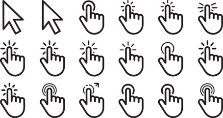 Collection of hand gesture icons with various finger movements isolated on transparent background