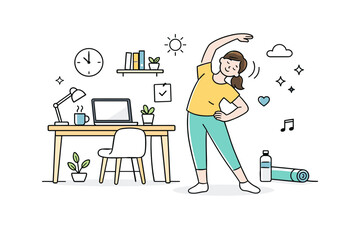 Fototapeta premium Work life balance lifestyle. Person doing light exercise or stretching near a home workspace. Healthy routine combining productivity and wellbeing. Minimalist