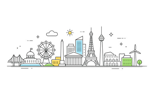 Architectural cityscape. Buildings and landmarks create a calm skyline, focusing on structure rather than detail. Open, airy composition with minimal