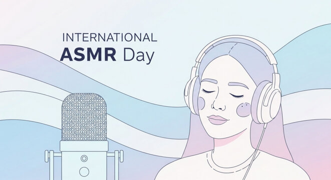 Woman wearing headphones celebrating international asmr day with a microphone nearby for relaxation and sound therapy