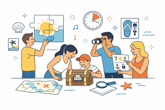 Summer escape room activity. Characters engaged in solving thematic puzzles in a bright, sunlit room with minimal beach or summer motifs, showing fun and