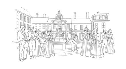 Naklejka premium Victorian era fashion gathering around a fountain in a town square