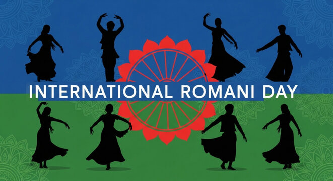 International romani day celebration with silhouettes of dancers and wheel emblem on blue and green background