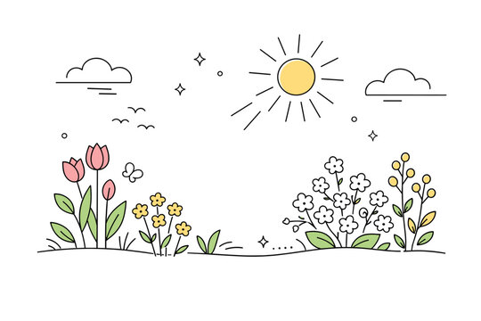 Spring backgrounds. Minimal nature scene with blooming plants, simple clouds, and sun rays drawn with clean lines. Feeling of renewal, warmth, and calm spring
