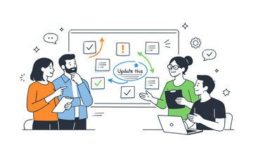 Feedback-driven improvement. A team discussing feedback notes pinned on a board, calmly prioritizing changes. The mood is collaborative and solution-oriented,