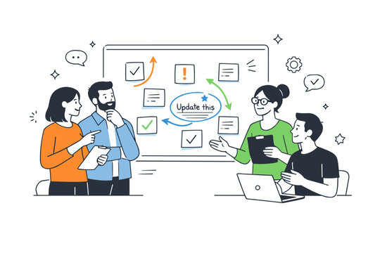 Feedback-driven improvement. A team discussing feedback notes pinned on a board, calmly prioritizing changes. The mood is collaborative and solution-oriented,