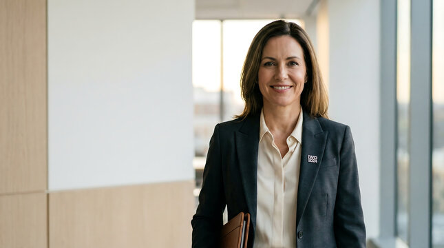 A professional businesswoman standing confidently in a modern office corridor with a friendly smile and holding documents
