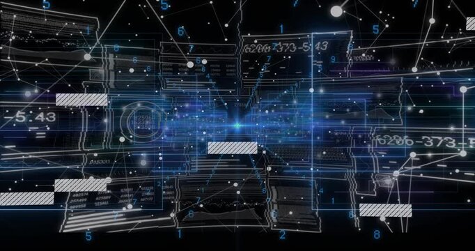Blue core pulsing, driving streaks, sliding bars, digits flashing, particles streaming showing data