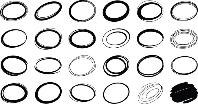 Collection of various continuous one line drawing circles and abstract shapes isolated on transparent