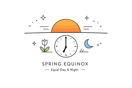 Spring Equinox Sunrise. Spring equinox sunrise moments ? Abstract balance of light and time. Sun positioned symmetrically, simple clock or horizon line