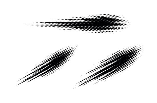 Halftone speed trail marks. A single speed trail mark object shown in three views: straight-on view, angled motion view, and three-quarter