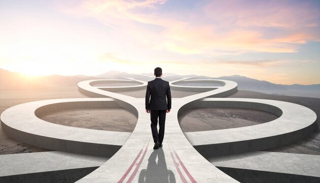 Man walking on looping path illusion, business complexity challenges right direction