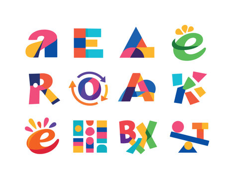 Typography exploration. Colorful flat vector icons set of typography exploration: custom letterform, modular type, geometric font, organic