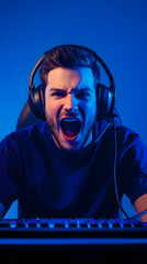 Gamer Man Screaming with Headset in Neon Blue