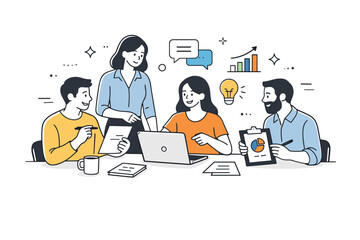 Men and women at work collaboration. A calm editorial scene of men and women working together around a table, exchanging ideas and documents.