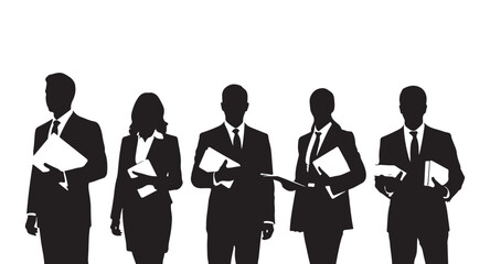 A collection of business people silhouettes standing in a row holding documents and folders