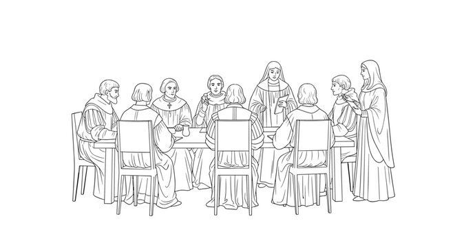 Historical figures in religious gathering line art scene