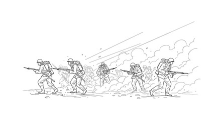 Obraz premium World war soldiers in combat line art with dynamic movement and detail