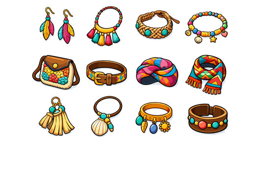 Boho Accessories Grid. Boho accessories. Colorful isometric vector icons set of Boho accessories: feather earrings, tassel necklace, macrame bracelet, beaded
