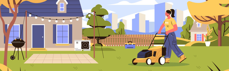 Woman mowing lawn backyard garden maintenance house exterior trees barbecue tools modern residential landscape web banner