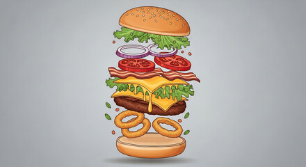 おいしいハンバーガーの分解イラスト、食欲をそそる明るいイメージ