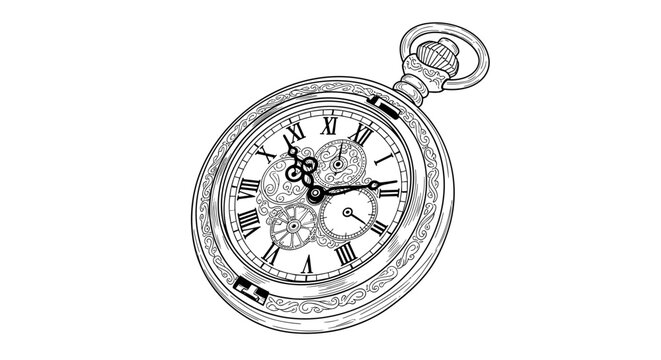 Intricate pocket watch drawing with roman numerals and ornate designs