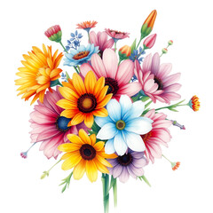 A vibrant bouquet of colorful flowers including pink, yellow, orange, and white blooms on transparent background