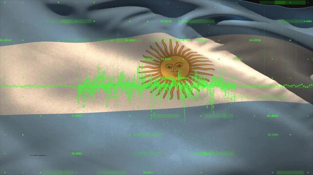 Argentine flag waving while green waveform appearing and pulsing over sun emblem, visualizing data