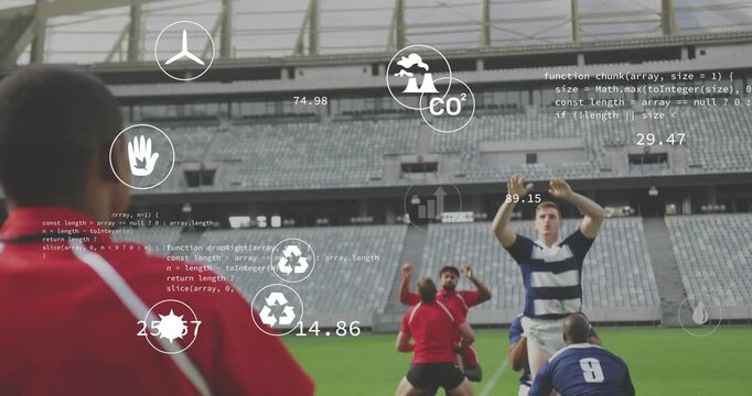 Thrower throwing ball, lifters lifting jumper to win ball, sports overlay showing CO2 metrics