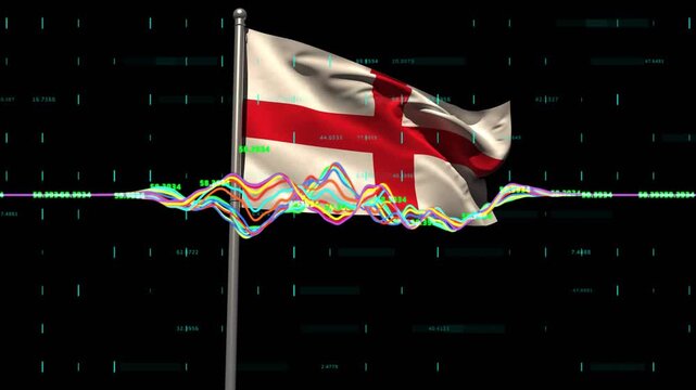 Waveform surging, driving red cross flag rippling and folding, teal numerals changing to show data