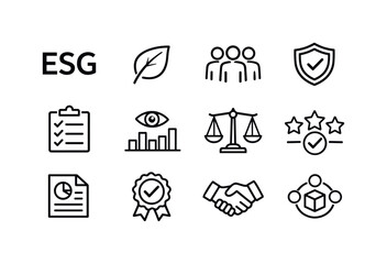 Naklejka premium ESG Investing. Line outline icon set of ESG Investing: ESG letters icon, environmental leaf,