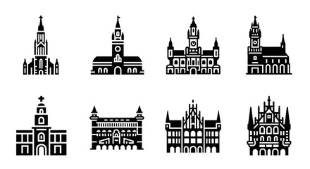 Fototapeta premium Icon set of historic gothic churches and castles in minimalist silhouette style