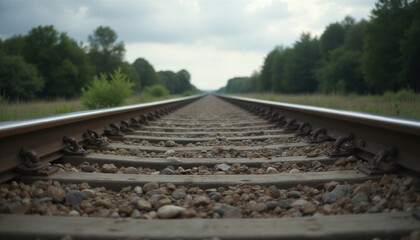Obraz premium Railroad tracks stretching to the horizon. The tracks consist of two metal rails laid on wooden sleepers. The sleepers, in turn, are filled with crushed stone, which forms ballast.