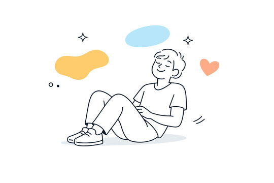 Smiling without reason. A seated figure leans back slightly, small smile forming during a pause. Moment of internal comfort, gentle abstract