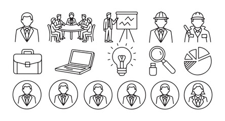 Fototapeta premium Comprehensive business management line icons showing team meetings laptop technology and statistical analysis