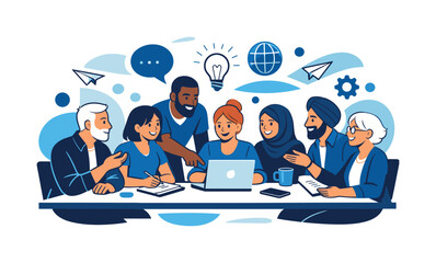 Inclusive work environment. Employees collaborating at a shared table, varied ages and