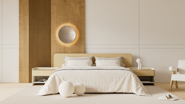 Modern bedroom interior with a natural wood accent wall and a minimalist wooden bed featuring a stylish armchair and warm ambient lighting in a bright contemporary apartment. 3D illustration