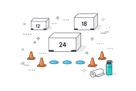 Outdoor agility training visual. Top-view layout of plyometric boxes, cones, and a water bottle on grassy field. Peaceful, organized, and motivating editorial