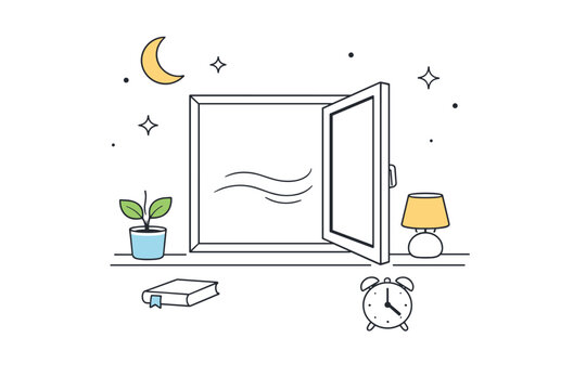 Night air pause. A minimal composition centered on a slightly open window, no movement except implied breeze. Peaceful mood emphasizing
