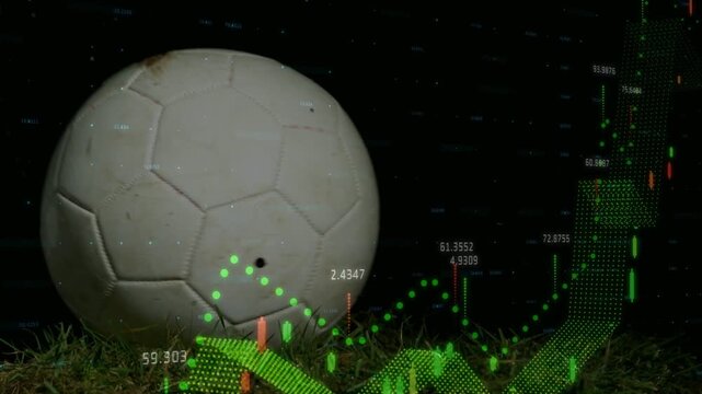 White soccer ball resting, green dotted points appearing and 3D charts sliding, showing match stats