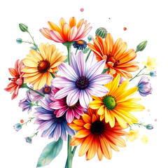 A vibrant bouquet of colorful flowers including daisies and other blooms on transparent background