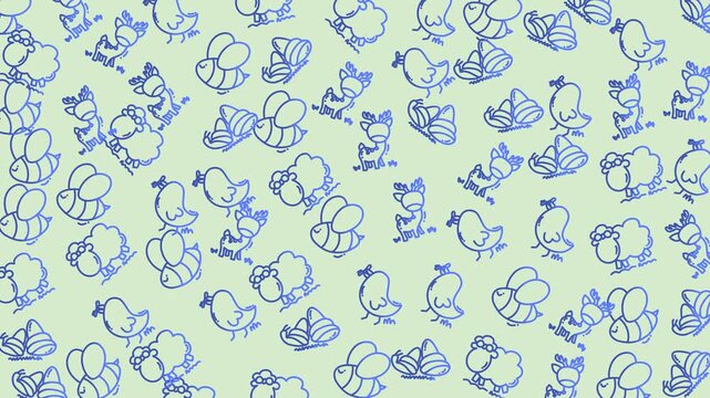Doodle animal pattern seamless cartoon cute bee sheep bird deer suitable for children's designs, fabric prints, wallpapers, and creative projects.
