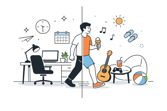 Work-life boundary transitions at home. Split scene showing a home desk on one side and leisure activities on the other, with a person